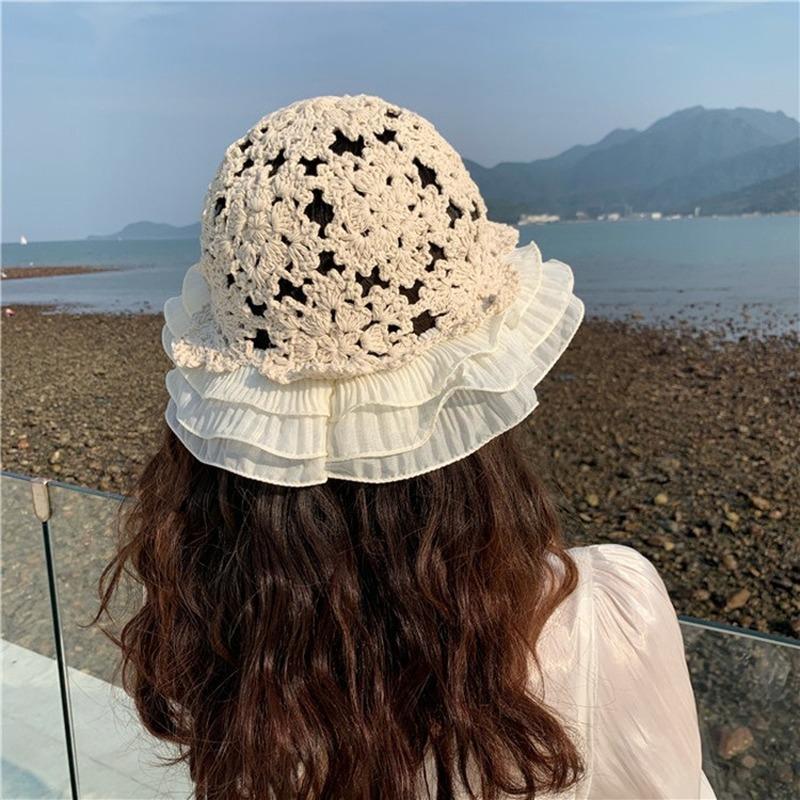 Fashion Woman Lace Knit Hollow Bucket Hats Crochet Thread   Flower Cute Girls' Sweet Romance Sunshade Knitted Breathable Hats