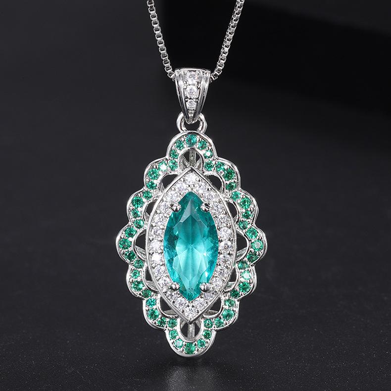 Diamond-encrusted Colored Treasure Ring Jewelry Set, Retro Green Treasure Zircon Necklace, Women's Spar Pendant Set.