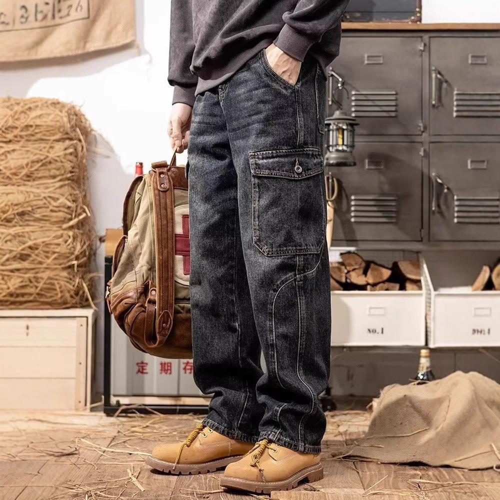 JYL Men's Cargo Jeans Multi-Pocket Workwear Construction Durable Labor Protection Denim