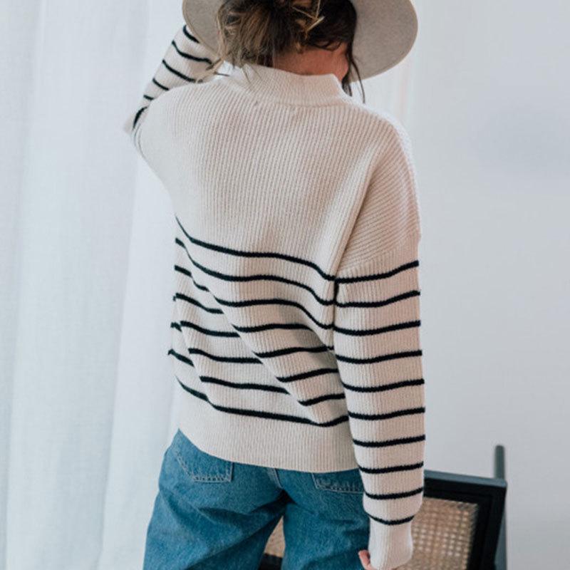 Women's High Neck Sweater: Autumn/Winter Striped Color Block Long Sleeve Zipper Pullover Knitwear