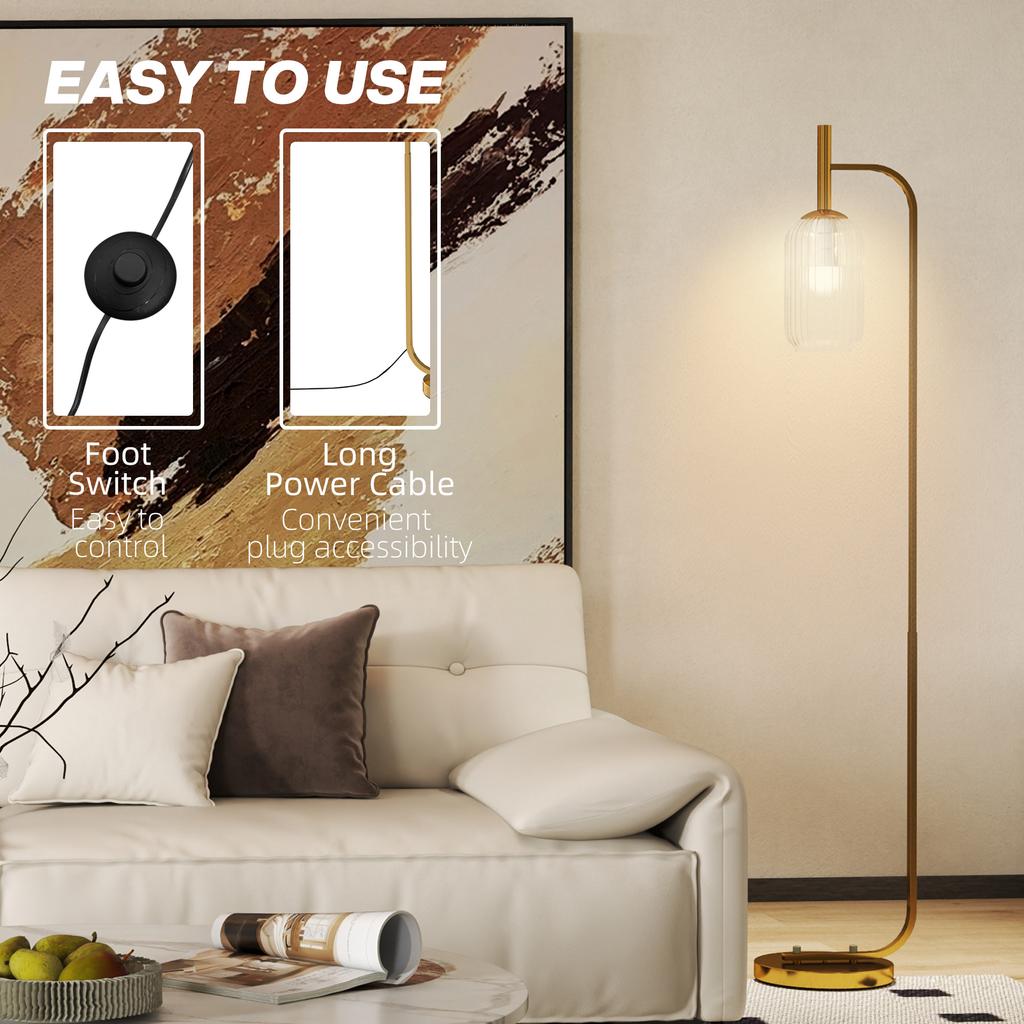 LED Floor Lamp for Living Room with Glass Lampshade, Modern Standing Lamp with Foot Switch, Adjustable Brightness, 2700K for Bedroom, Gold Tone
