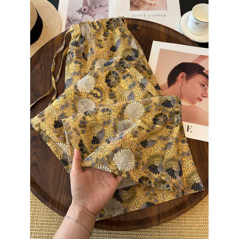 Women's Vintage Floral Print Linen Blend Wide Leg Pants with Elastic Drawstring Waist