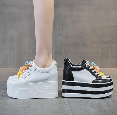 Fashion 12CM Genuine Leather Women Autumn Spring NEW Fashion Hidden Heels Ladies Color Platform Wedge Chunky Sneakers Thick Soled Shoes