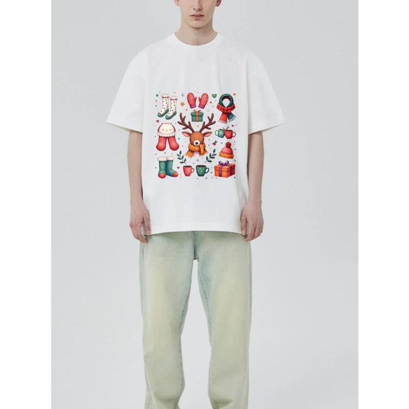 Christmas Theme T Shirt Black Reindeer Socks Mittens Scarf Gift Boxes and Mugs Print for Holiday Season Winter Festive Outfit