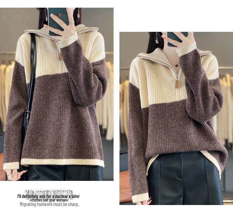 Color Block Wool Cashmere Sweater - Women's High-End Knitted Half-Open Collar Top