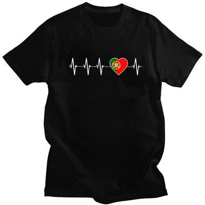 Custom Male Heartbeat Portugal Country Flag T Shirts Short Sleeve Cotton Tshirts Tshirt Leisure Tees Slim Fit Clothing