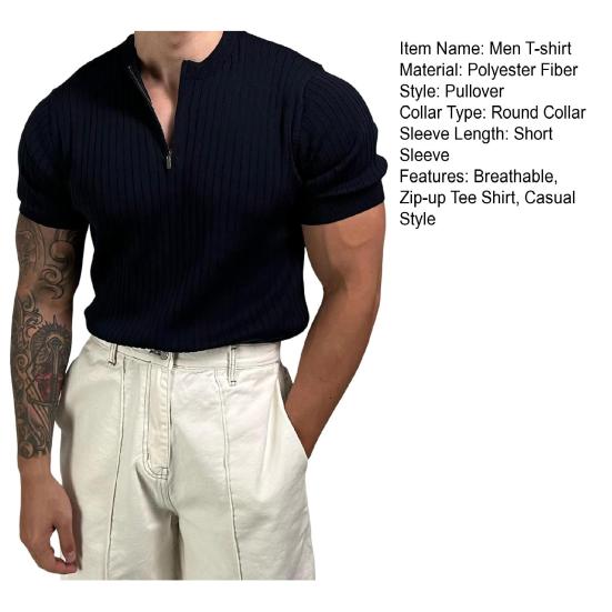 Men's O-neck T-shirt Casual Short Sleeve Solid Color T-Shirt Half-zip Draped Basic Tee Shirt Summer Top for Sports Gym Travel Office Daily Wear