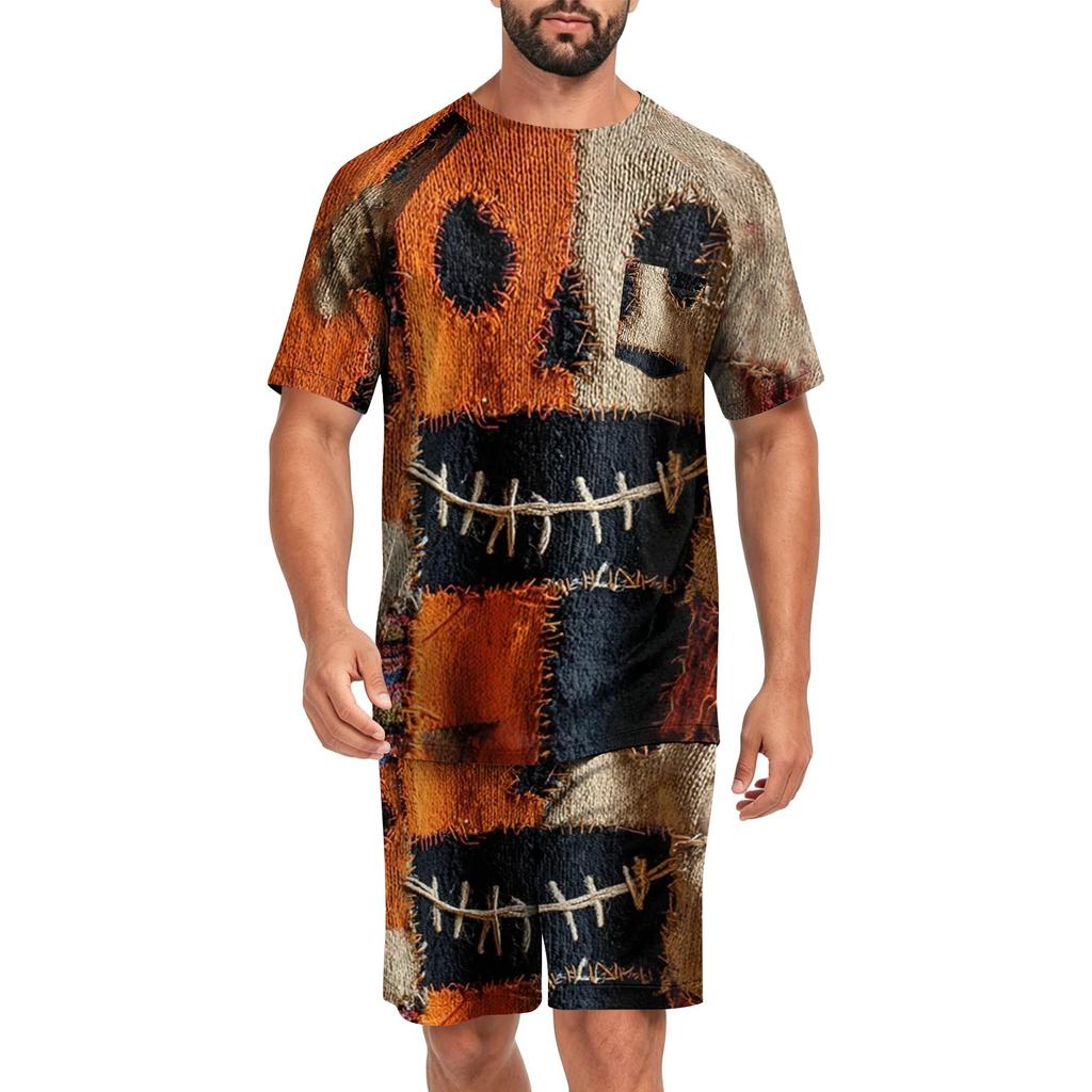 Men's Halloween Casual Pajama Set Short Sleeve Top and Shorts Patchwork Design Comfortable Sleepwear Lounge Outfit for Home Use