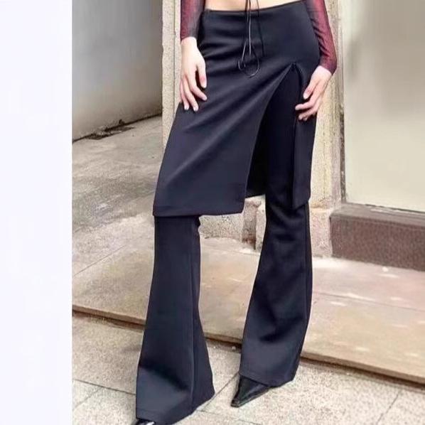 Spicy Girl Autumn 2023 Merlot Knit Slit Culottes: Women's Slimming Fake Two-Piece Elastic Micro Flare Pants