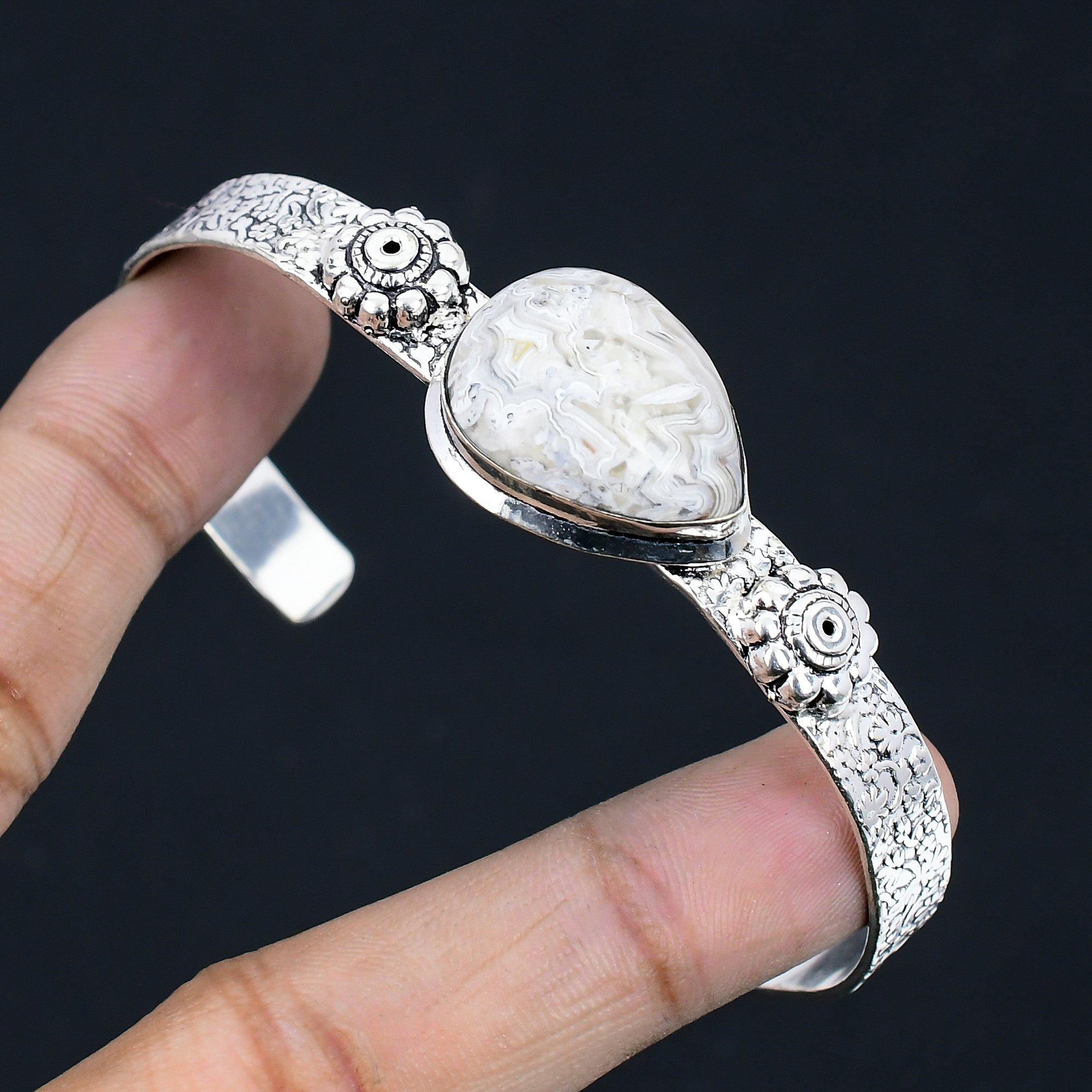 

925 Sterling Silver Pear Crazy Lace Agate Gemstone Handcrafted Bangle Bracelet Adjustable