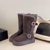 Faux Leather Snow Boots Women's Tall Tube New Winter Velvet Thickened Warm Medium Tube Non-slip and Cold-resistant Belt Buckle Women's Cotton Shoes