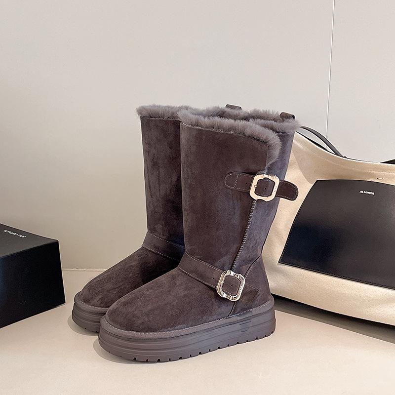 Faux Leather Snow Boots Women's Tall Tube New Winter Velvet Thickened Warm Medium Tube Non-slip and Cold-resistant Belt Buckle Women's Cotton Shoes