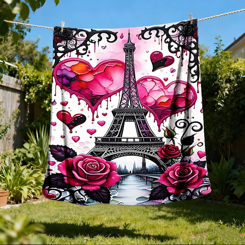 1pc Paris Love Outdoor Blanket - Soft Flannel Cozy for Travel & Camping - All-Season Warm Bed Cover, Machine Washable yy251229073