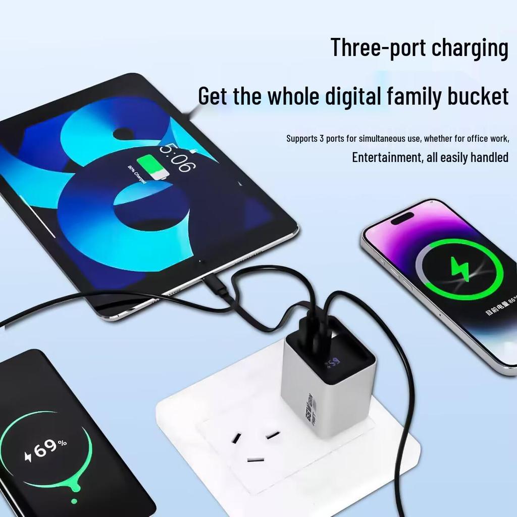 65W GaN Fast Charger with Digital Display, Retractable Type-C Cable, and Multi-Port Compatibility for Apple and Android Devices.