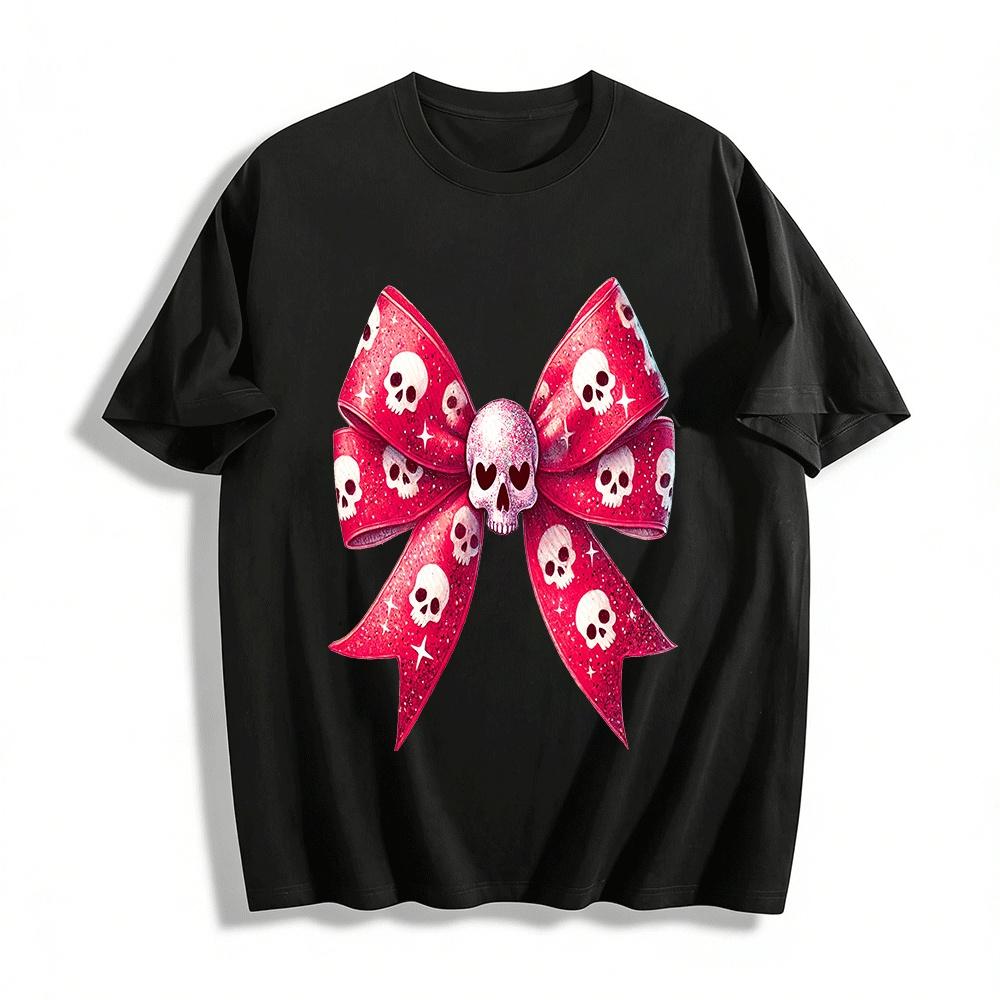Skull Bow Print Trendy Casual Loose Fit Statement Top Pure cotton T-shirt XXS