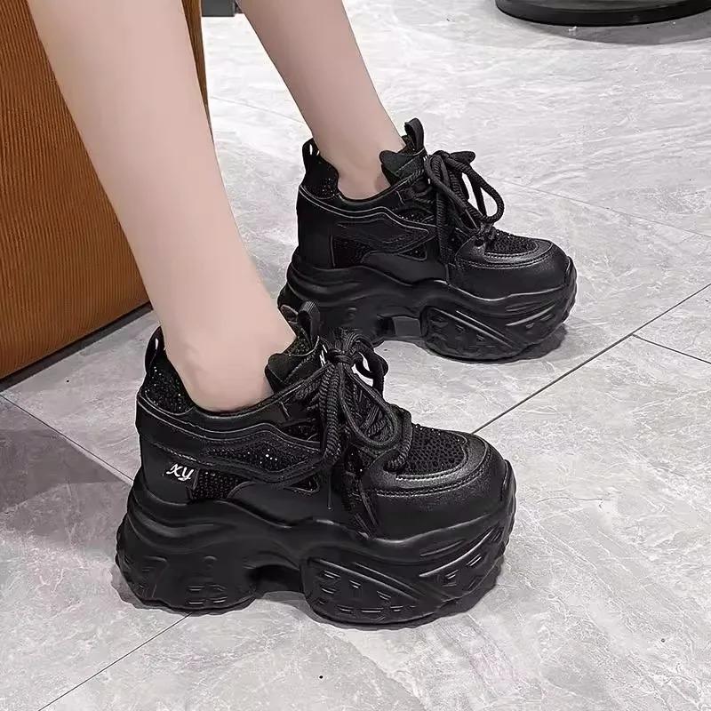 Platform Bling Sequine Sneaker Boots 9cm Height Increasing Lace Up Autumn Winter Women Shoes Thick Botton Sole Boots