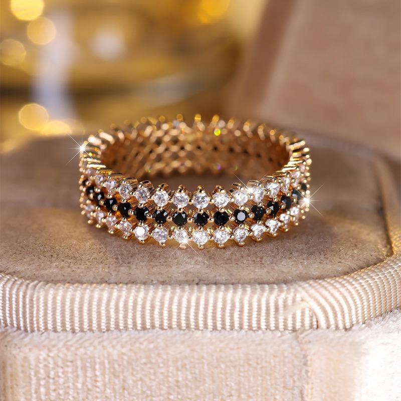 Fashion Rose Golden Rings For Women Vintage Accessories Full Black White cubic zirconia Shiny Ring Fine Jewelry