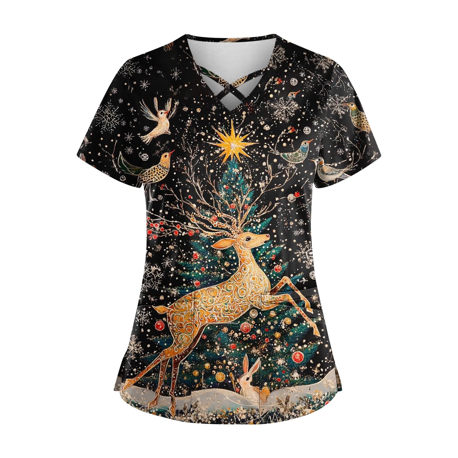 

Женский топ с короткими рукавами, V-образным вырезом, рождественским принтом и карманом Dry-nurse XXXXXL тёмно-синий