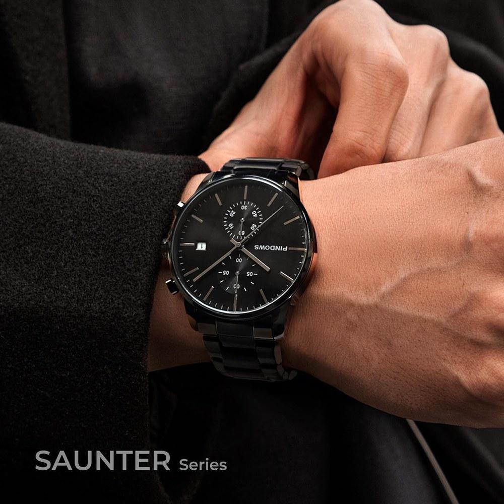 PINDOWS Men's Business Watch Black Stainless Steel Chronograph Date Display