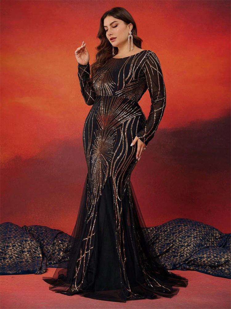 Plus Size Sequined Mermaid Bridesmaid Gown - Elegant Slim Fit with Round Neck for Evening or Banquet