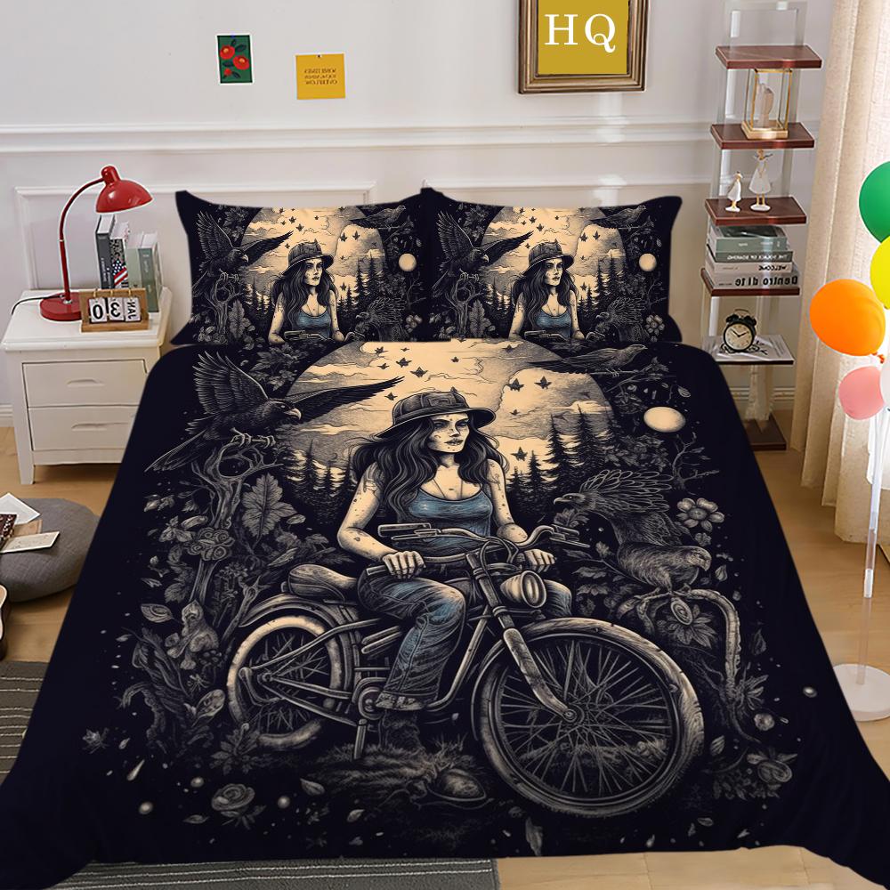 3D Dark Beauty Motorcycle Printed Bedding Set Beauty Skull Head Duvet Cover 2/3 Pieces AU180 * 210 Super Big Bed Room Quick Drying Home Decoration