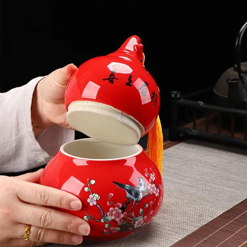 Gourd Shaped Double-layer Tea Caddy Ceramic Tea Storage Tank Non Woven Cover Sealed Tea Can Porcelain Ornaments Nut Storage Pot