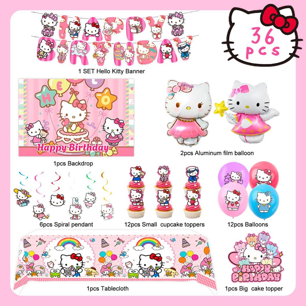 36Pcs Cartoon Birthday Party Supplies, Cartoon Party Decors Set - Cartoon Birthday Decor Banner Background Tablecloth and Cartoon Balloon Cake Topper