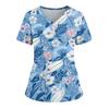 Women's Loose Short Sleeved Fashionable Flowers And Plants Printing V-neck Buttonable Side Slit Top T-shirt