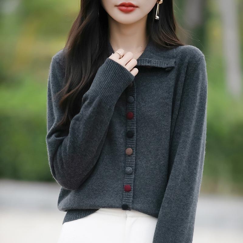 Women S Lapel Long Sleeve Cardigan Sweater Korean Style Solid Color
