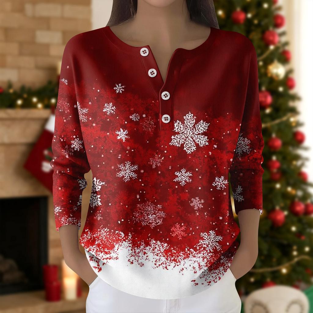 Dámský módní top s dlouhým rukávem a vánočním potiskem sněhových vloček, elegantní ležérní top