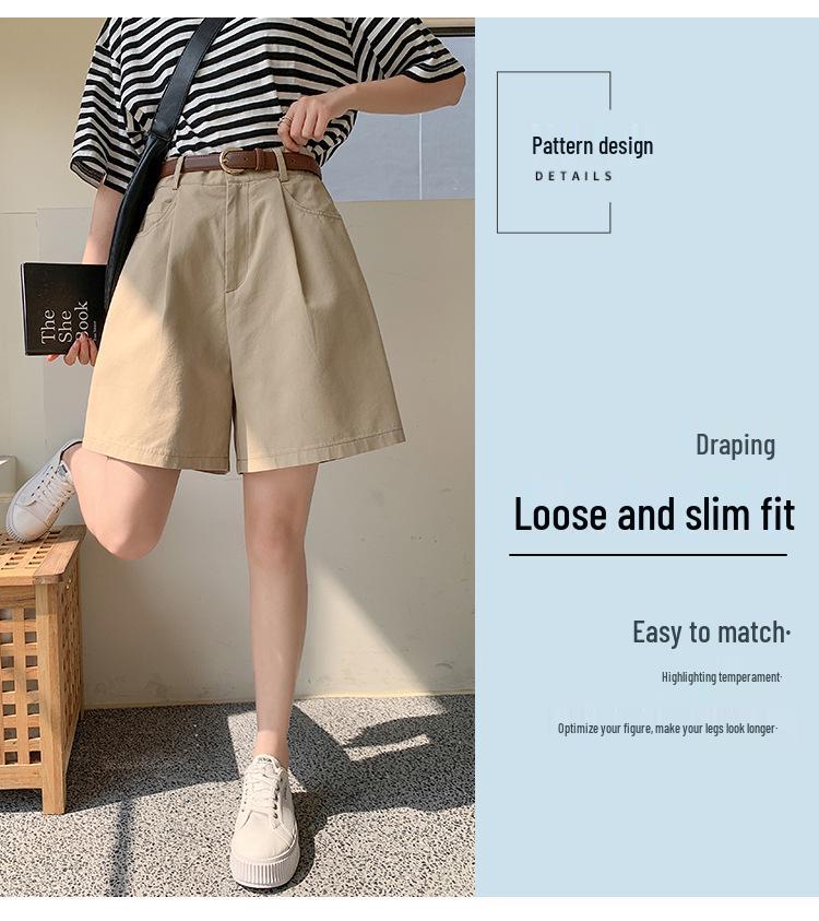 Khaki Women's Summer Cargo Shorts - Lightweight, Loose, A-Line, Mid-Length, High-Waist, 5-Point, Cotton Linen.