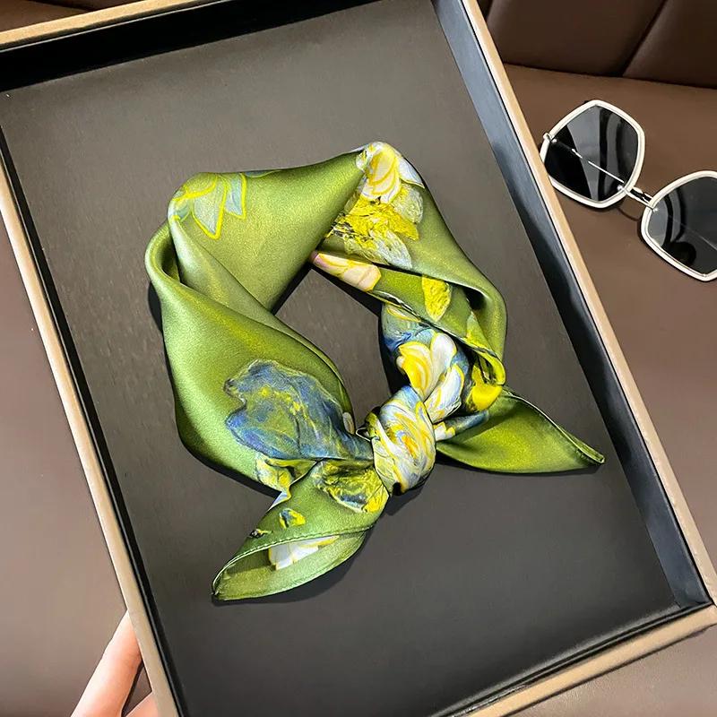 Natural Real Silk Scarf Women New Print Neck Hairband Square Shawl Neckerchief Female Hijab Poncho Bandana Headband