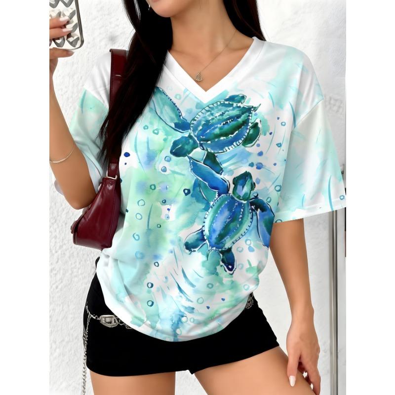 

Blue gradient wavy pattern women s casual fashion V-neck short sleeves S