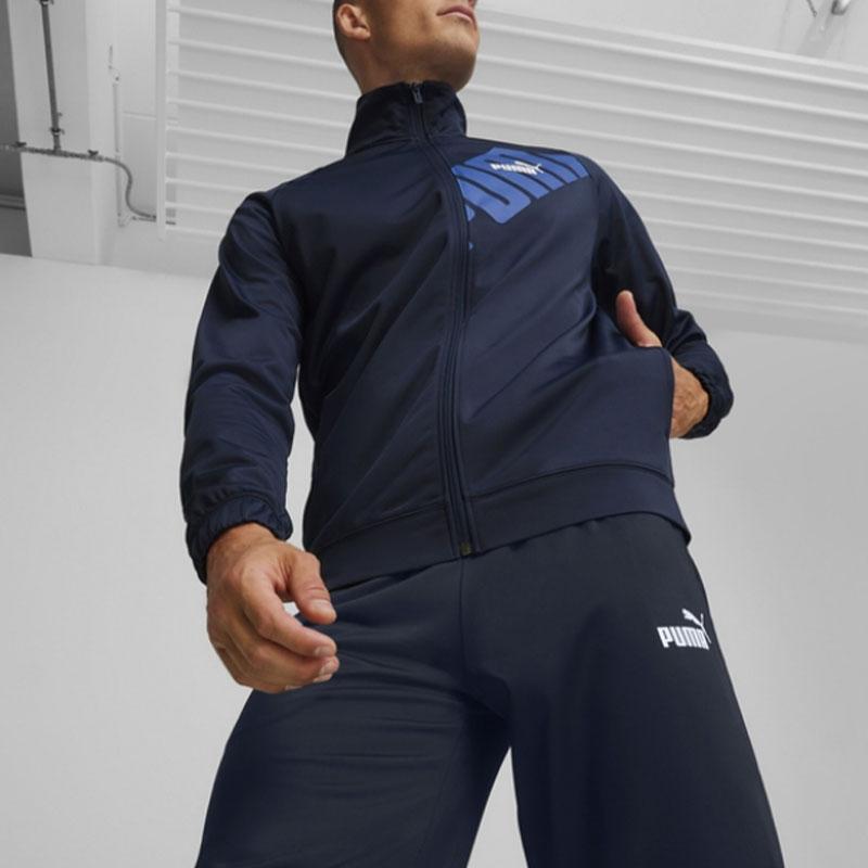 Puma Power Poly Tracksuit Letter Logo Print Stand Collar Zip Jacket Cuffed Pants Casual Sports Set Men Tracksuit Navy-Blue 681296-14