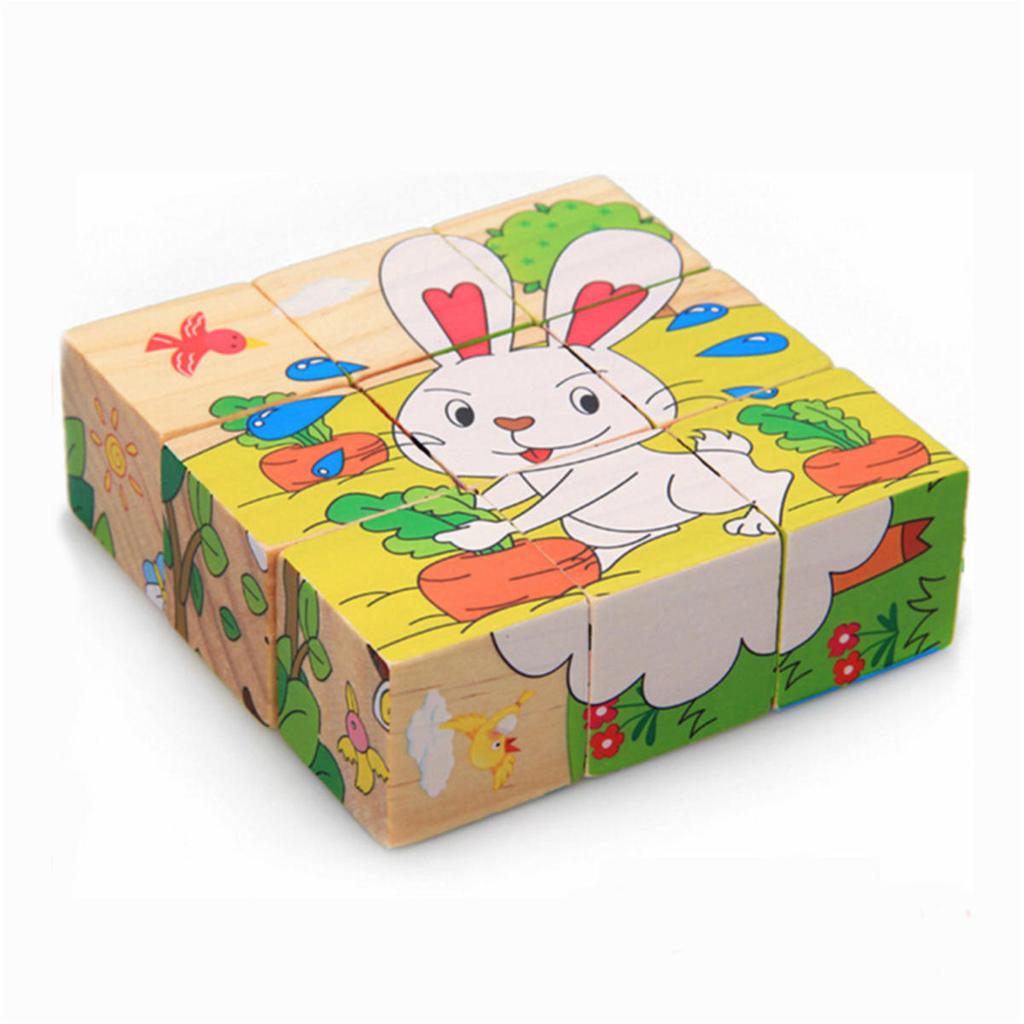 Kindergarten Wooden Blocks Toys Children Cartoon Six Side Cube Jigsaw Puzzles Game Farm Animal Cognize Early Learning Educational Toys