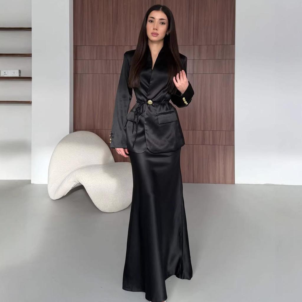 Cross-border European and American Women's Clothing Fashion Temperament Satin Cardigan Long-sleeved Strap-up Straight Suit Long Skirt Set