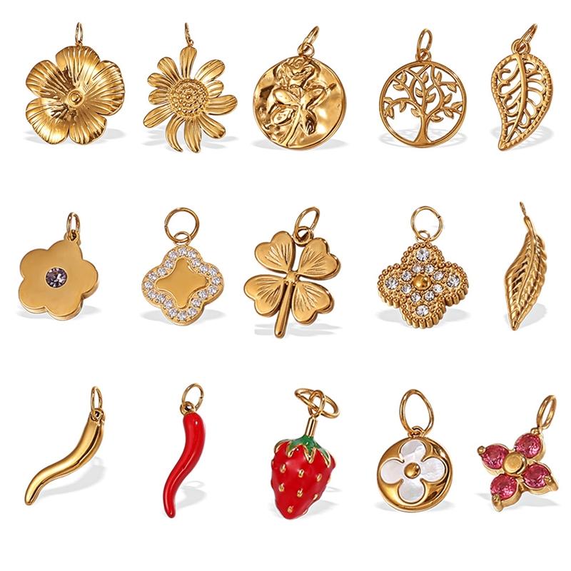SH77 Custom Stainless Steel Charm Classic Jewelry Pepper Daisy Strawberry Clover Zircon Pendant 18K Gold PVD Charms