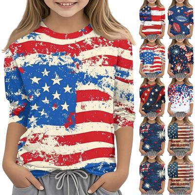 Children's 7-point Sleeve Printed Independence Day Crew-neck Casual T-shirt
