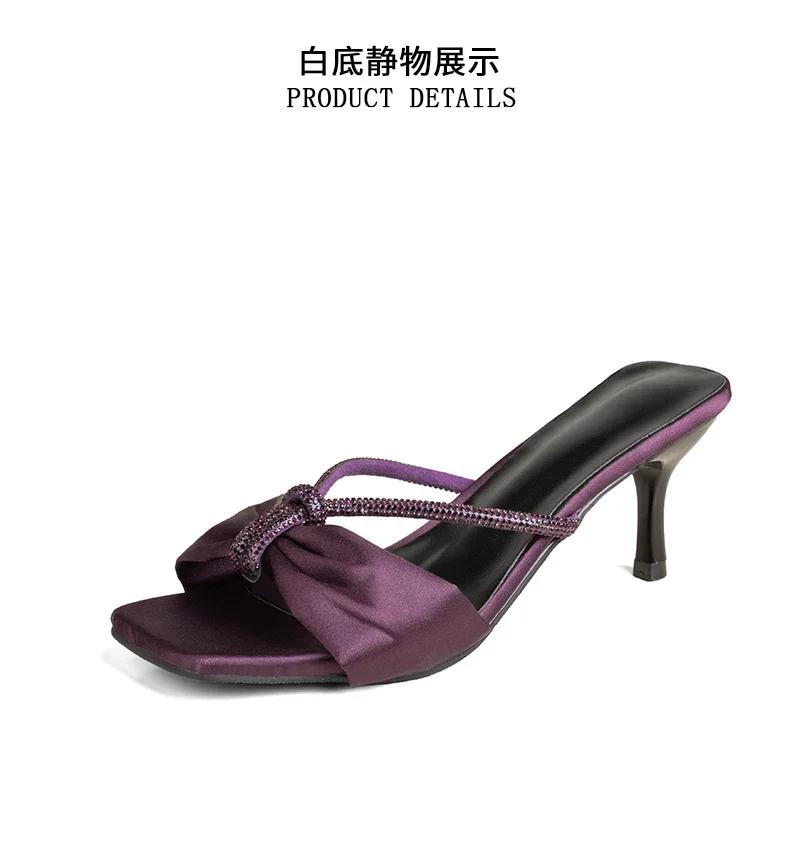 

Модные женские шлепанцы на высоком каблуке с бантом и стразами, из атласного материала, женская обувь для сексуального платья, модные летние модели, Sandalias De Mujer 35 фиолетовый
