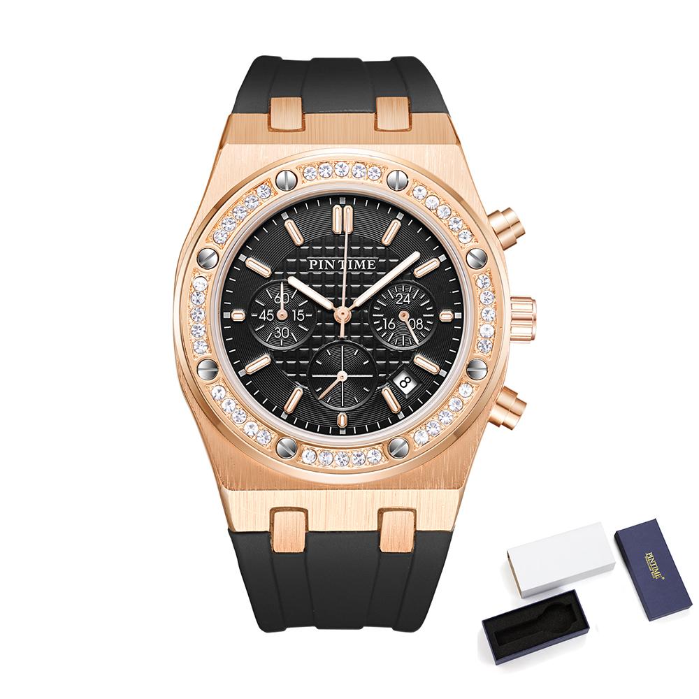 Casuals Watch for Men Diamond Iced Bezel Fashion Quartz Wristwatch Sports Silicone Band Waterproof 30m Chronograph Reloj Hombre