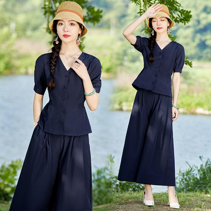 2023 Léto Nové Elastický Pas Široké Kalhoty Sukně s Halenkou Dvoudílný Set - Styl 9286