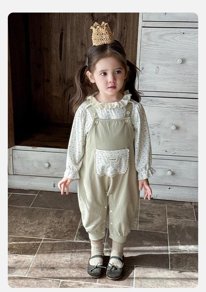 Trendig Koreansk Mori-stil Blommig Jumpsuit och Spets Tvådelat Set för Små Flickor