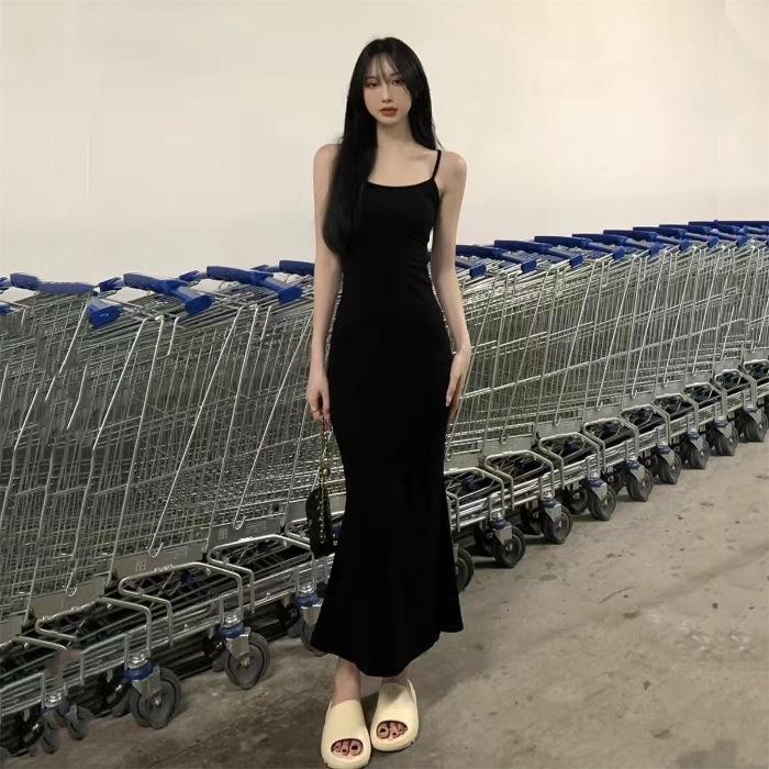 Women's Black Spaghetti Strap Bodycon Mermaid Midi Dress