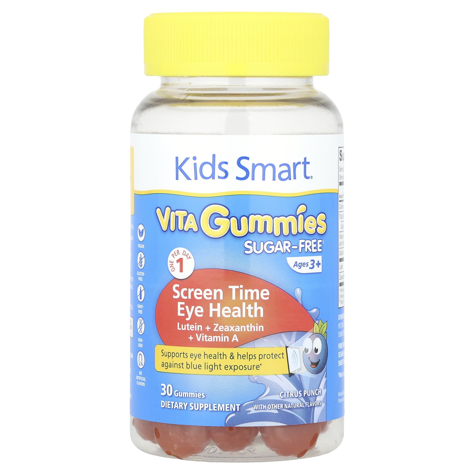 

Жувальні цукерки Kids Smart, Kids Smart® Vita, здоров’я очей під час використання екрана, без цукру, віком від 3 років, цитрусовий пунш, 30 цукерок