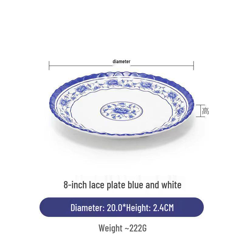 Plato redondo de melamina azul y blanca - Imitación de porcelana gruesa, ideal para salteados, arroz y uso en restaurantes.