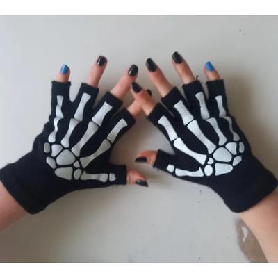 Nové punkové rukavice Unisex Halloween Skeleton Skull Půlprstové rukavice svítící ve tmě Strečové pletené zimní rukavice bez prstů