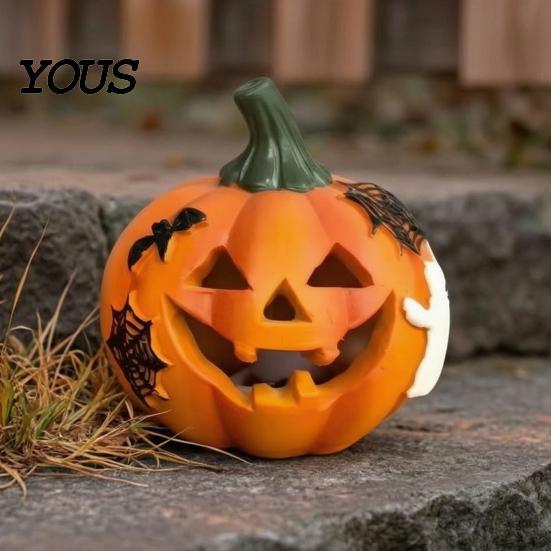 Festive Holiday Home Ornaments Spooky Lighted Pumpkin Figurine, Halloween Engraved Light-Up Resin Decorations Statue for Tabletop Indoor Outdoor