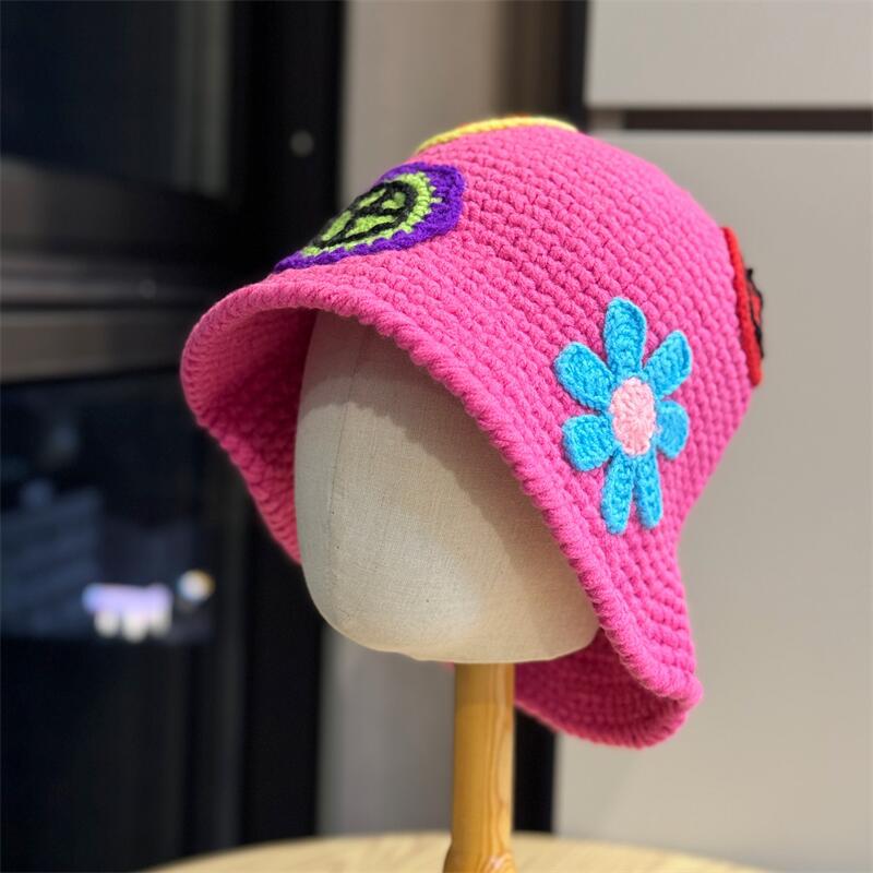 Dopamine Colored Flower Knitted Fisherman Hat Girls Autumn and Winter Sweet and Cute Versatile Face Small Thermal Basin Hat