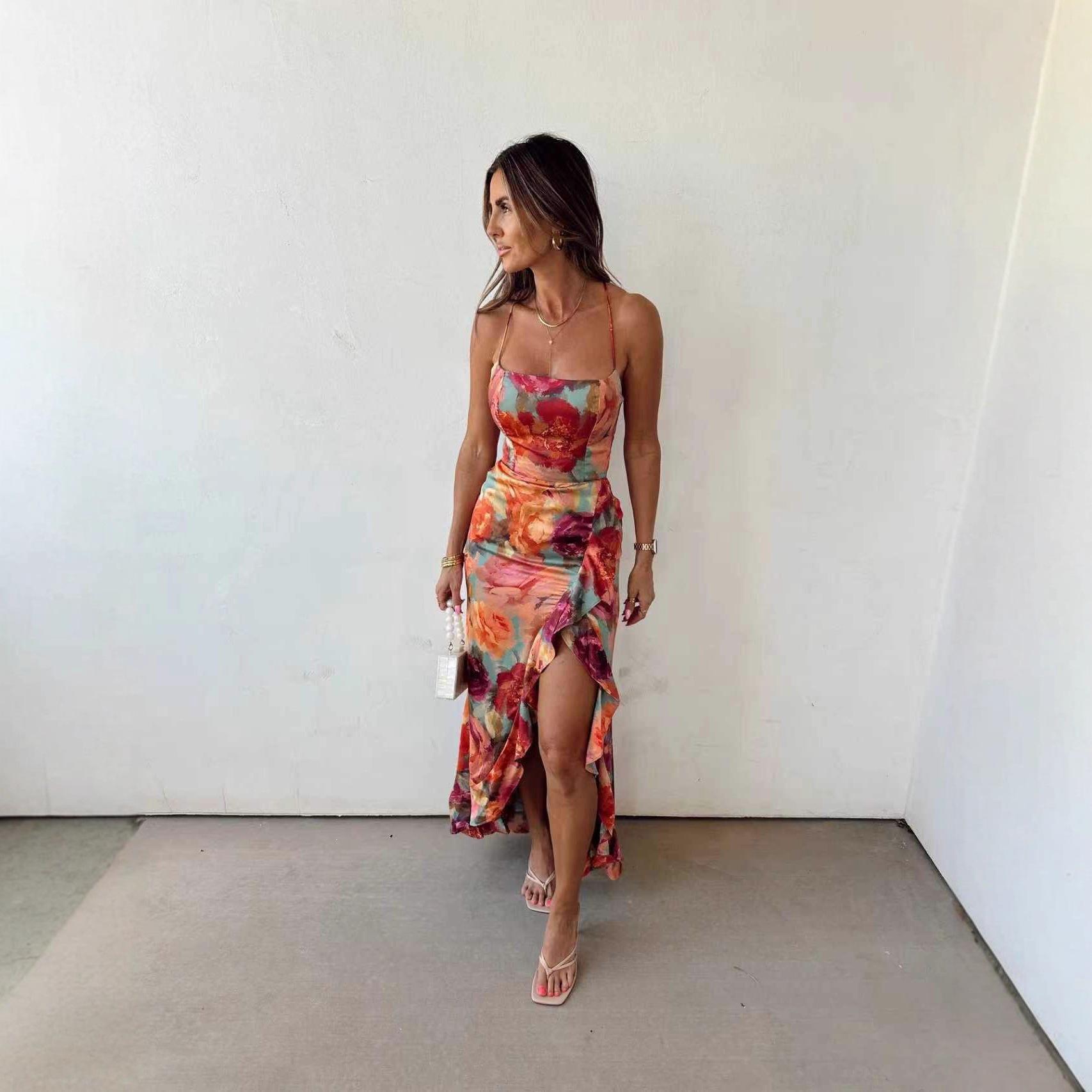 European and American cross-border 2025 women s summer floral back strap print fashion hottie sexy irregular dress S