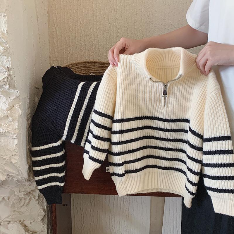 Thickened Boys' Striped Sweater: Korean-Style Loose Knitwear for Autumn & Winter, Versatile for Middle and Big Kids